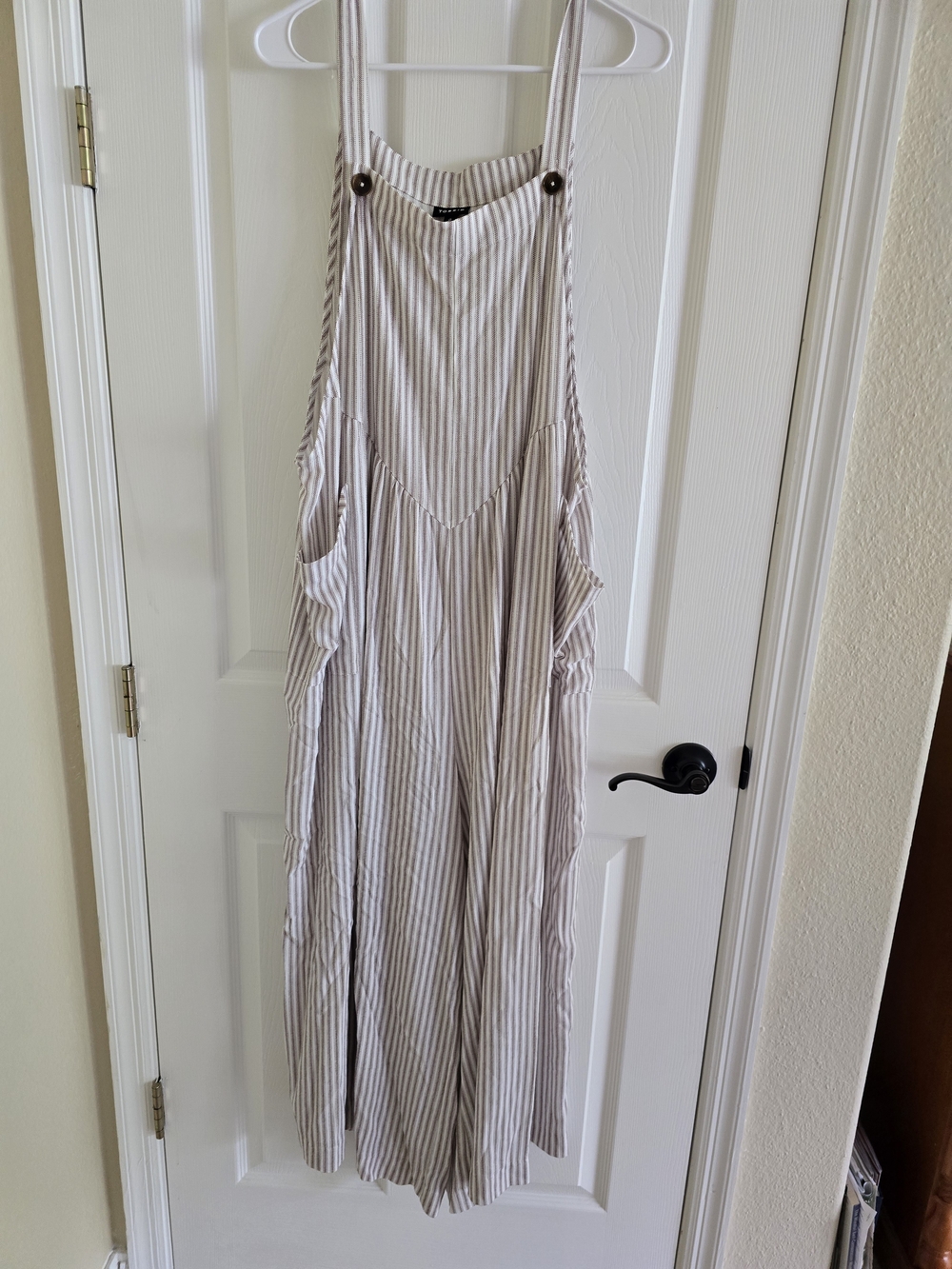 Torrid Cream and Taupe Striped Maxi Overalls Dress